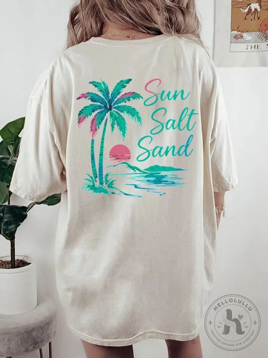 Vintage Sun Salt Sand Beach Palm Tree Sunset Graphic Oversized T-Shirt