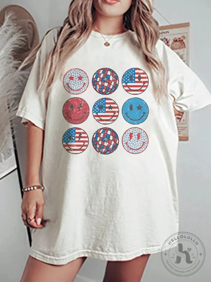 Vintage American Flag Smiley Face and Disco Ball Graphic Oversized T-Shirt