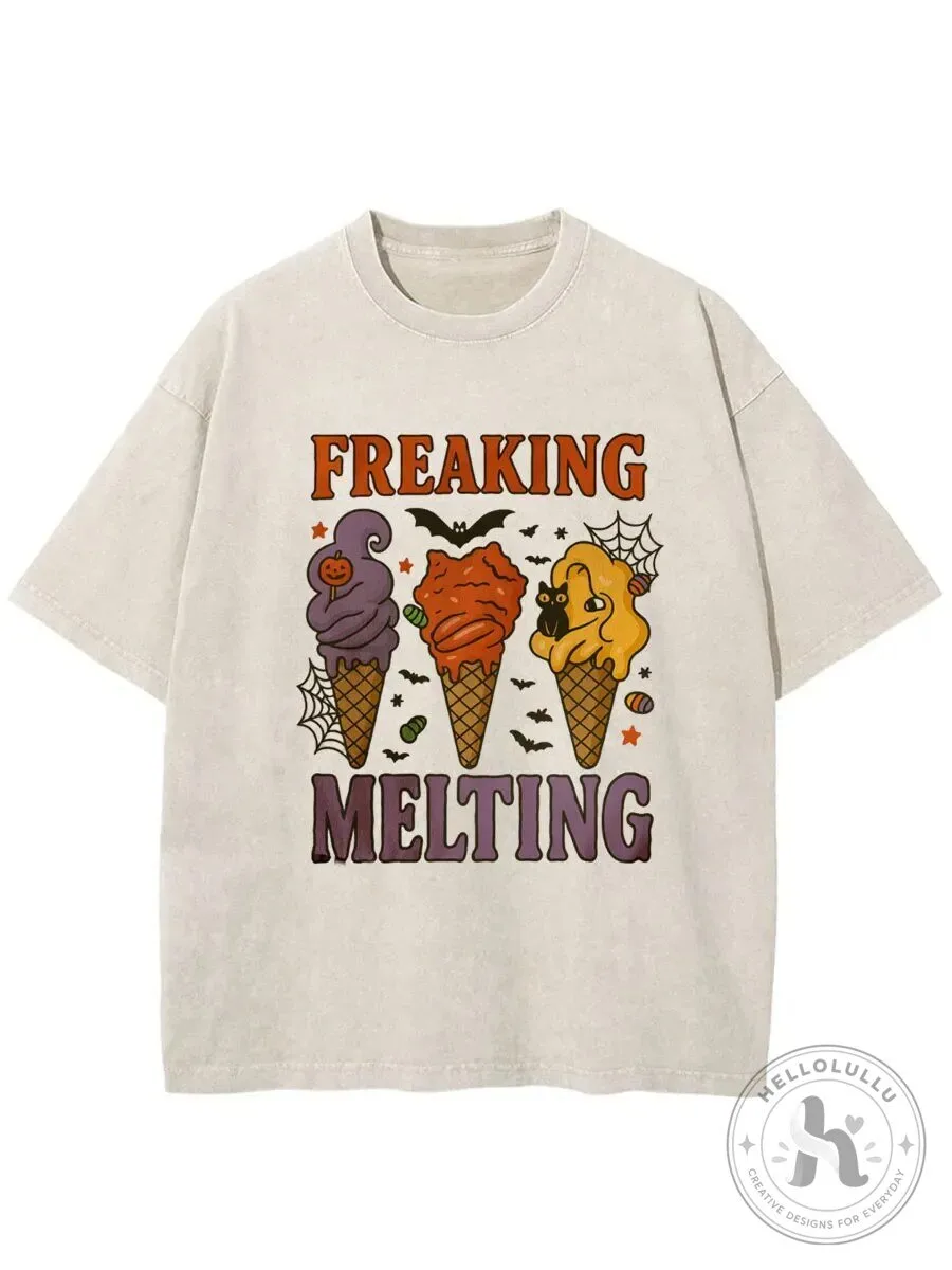 Freaking Melting Halloween Ice Cream Cones Spooky Season Washed T-Shirt