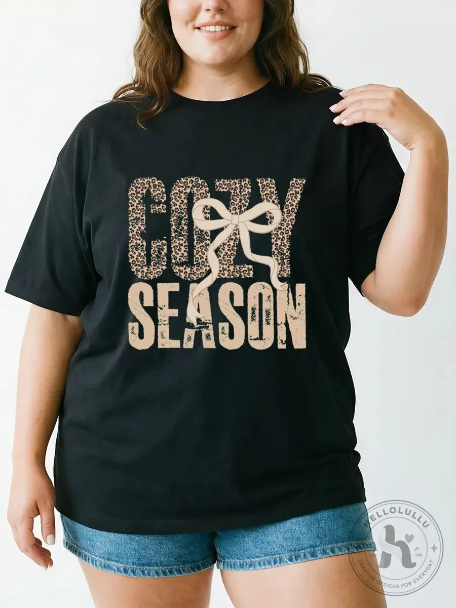 Cozy Season Leopard Print Bow Graphic Black T-Shirt